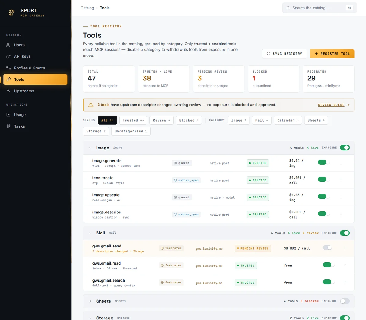 SPORT MCP tool registry — trusted tools exposed to MCP sessions
